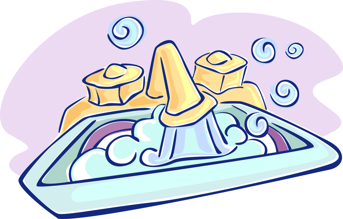 Vector Illustration of Kitchen Sink Full of Dishes with Faucet Spigot and Hot Water