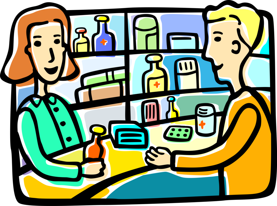 Vector Illustration of Pharmacist Serves Pharmacy Customer with Bottle of Prescription Medicine