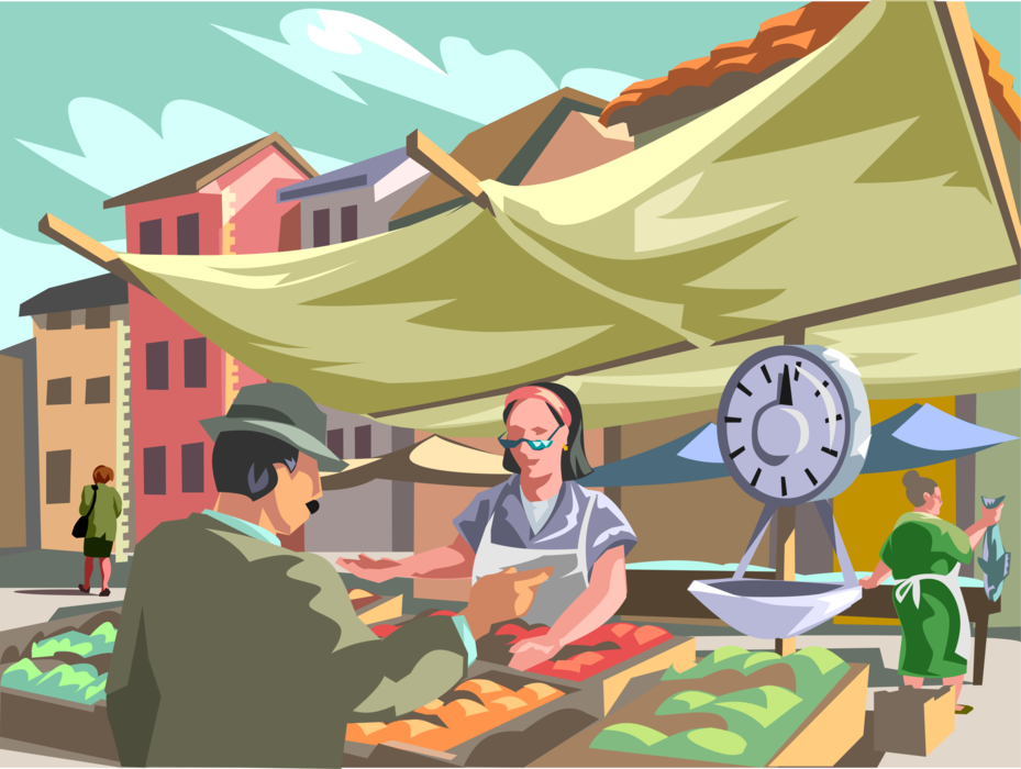 Vector Illustration of Farmers' Market Customer Buys Fruits and Vegetables from Vendor