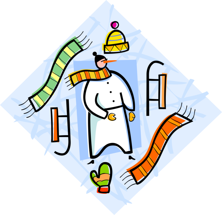 Vector Illustration of Winter Fun with Snowman Anthropomorphic Snow Sculpture, Scarves and Toboggan Sleds