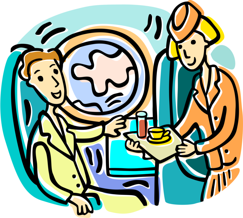 Vector Illustration of Flight Attendant Stewardess Serves Refreshments to Airline Passenger on Commercial Jet