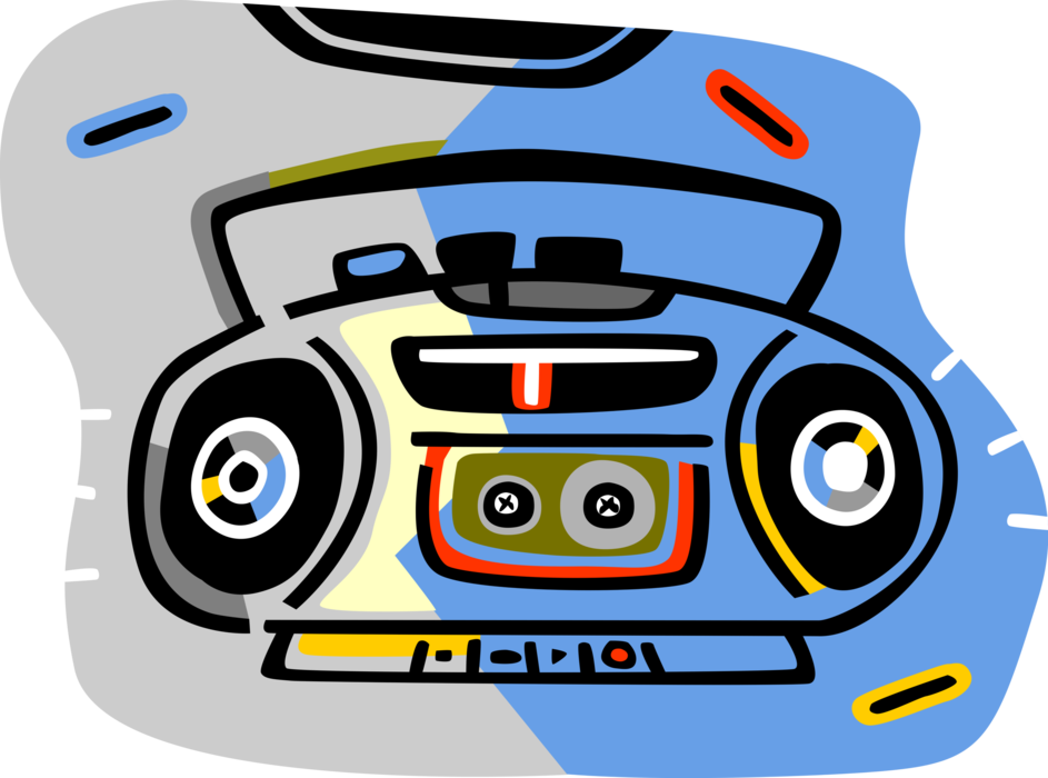 Vector Illustration of Audio Entertainment Portable Personal Stereo Boombox Plays Music Cassettes and CD's