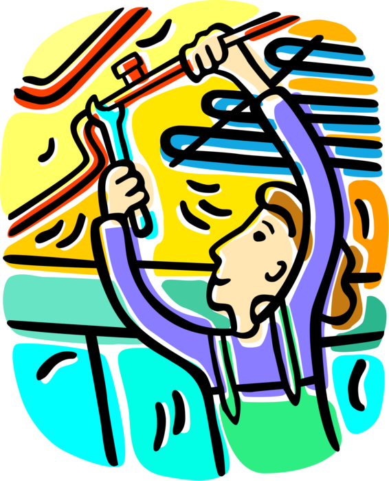 Vector Illustration of Plumber Works on Plumbing Pipes with Plumber's Wrench