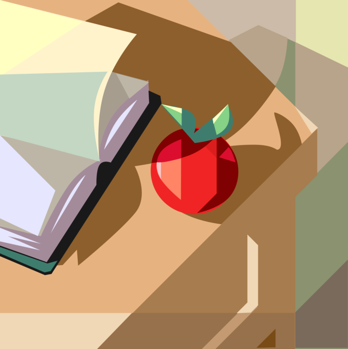 Vector Illustration of Teacher's Desk in School Classroom with Red Apple for Teacher