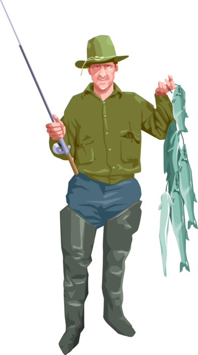 Vector Illustration of Sport Fisherman Angler with Fish Catch