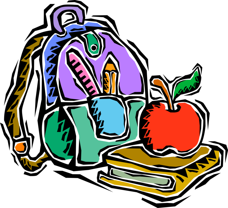 Vector Illustration of Student Knapsack or Backpack with Schoolbooks and Apple Fruit for Teacher