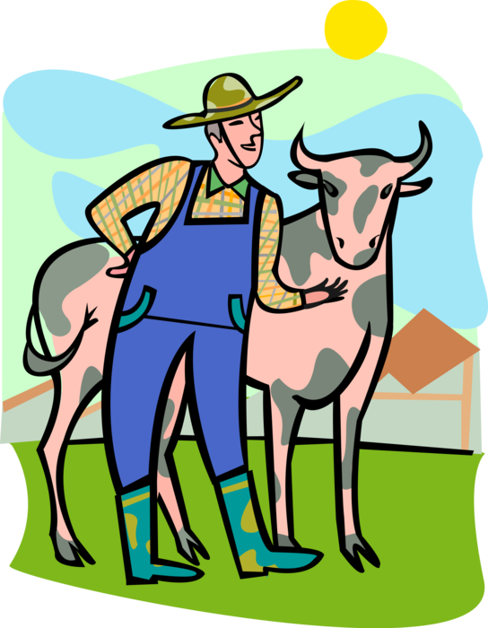Vector Illustration of Farmer with Farm Agriculture Livestock Animal Dairy Cow