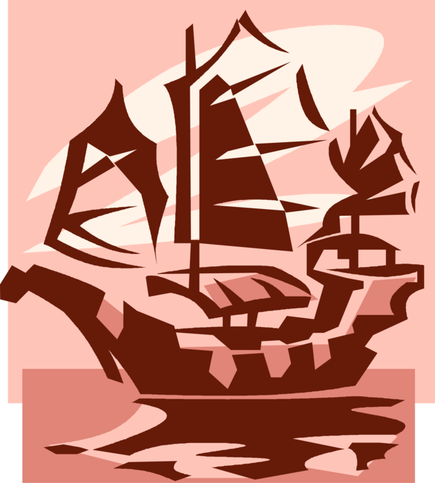 Vector Illustration of Chinese Junk Sailing Seagoing Vessel Ship