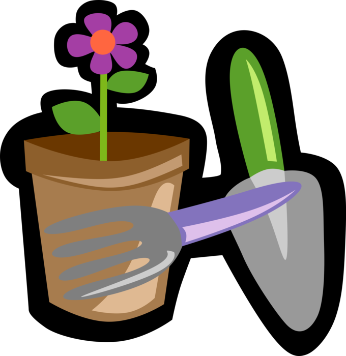 Vector Illustration of Gardening Trowel and Rake with Potted Plant Flower