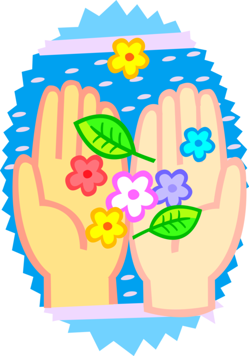 Vector Illustration of Hands Holding Flowers in Natural Environment