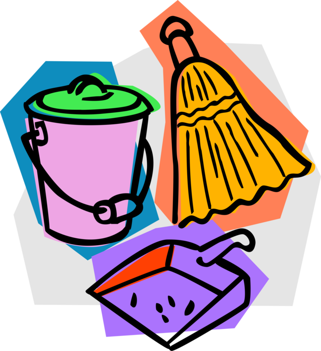 Vector Illustration of Broom with Dustpan and Pail Cleaning Tools
