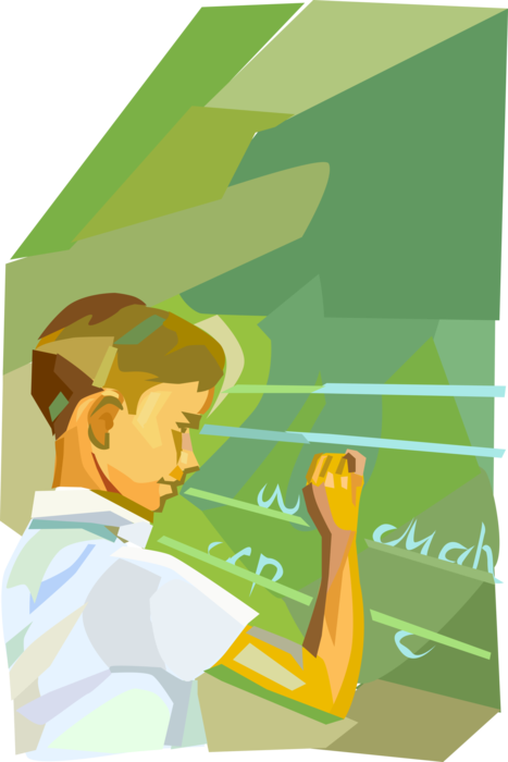 Vector Illustration of Student in School Classroom Writes on Blackboard Chalkboard
