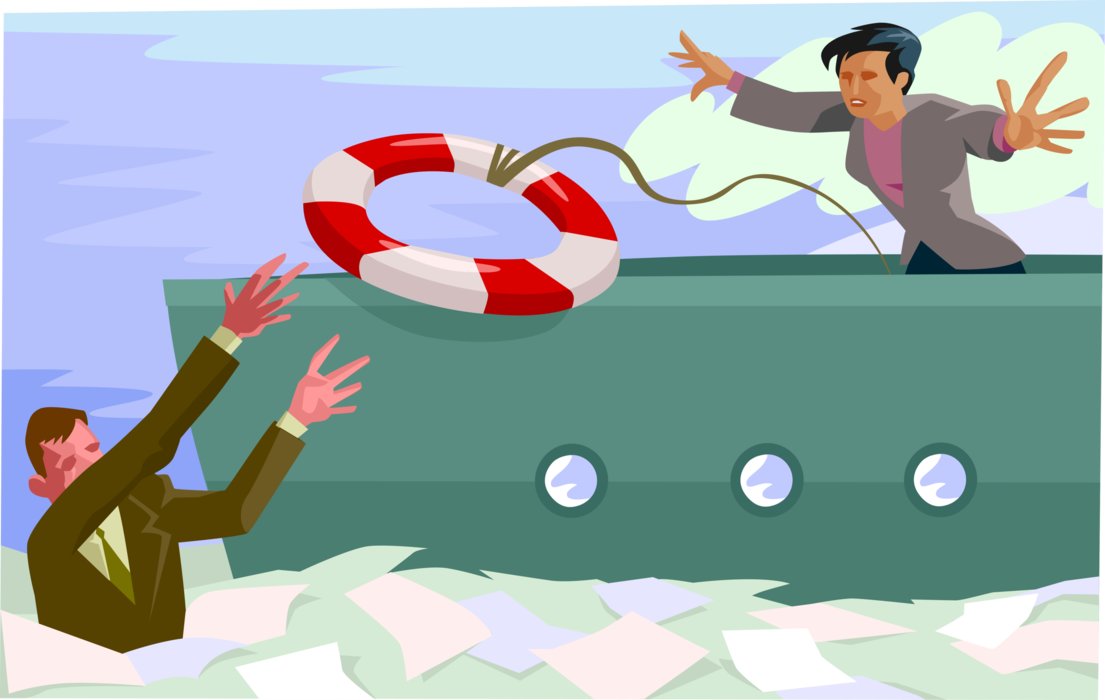 Vector Illustration of Drowning Businessman is Thrown Life Preserver Personal Flotation Device