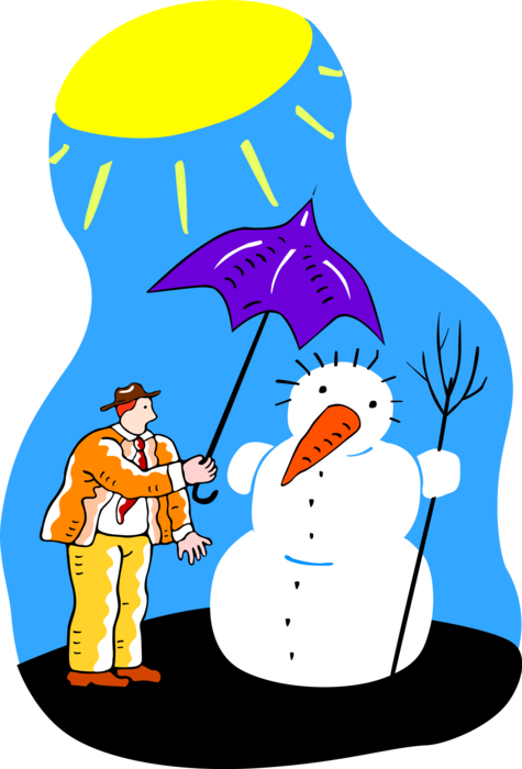 Vector Illustration of Businessman with Umbrella Protects Snowman Melting in Sunshine