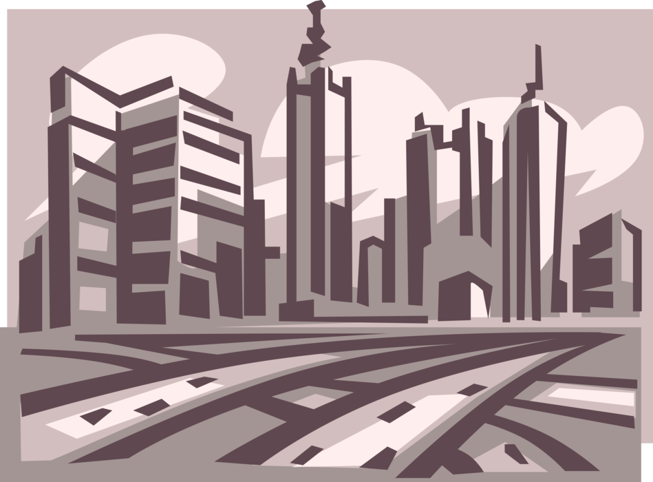 Vector Illustration of Highway Roadways and City Skyline