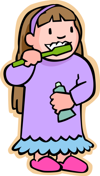 Vector Illustration of Primary or Elementary School Student Girl with Toothbrush Brushing Teeth