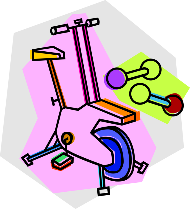 Vector Illustration of Fitness and Exercise Workout Stationary Bicycle and Weights