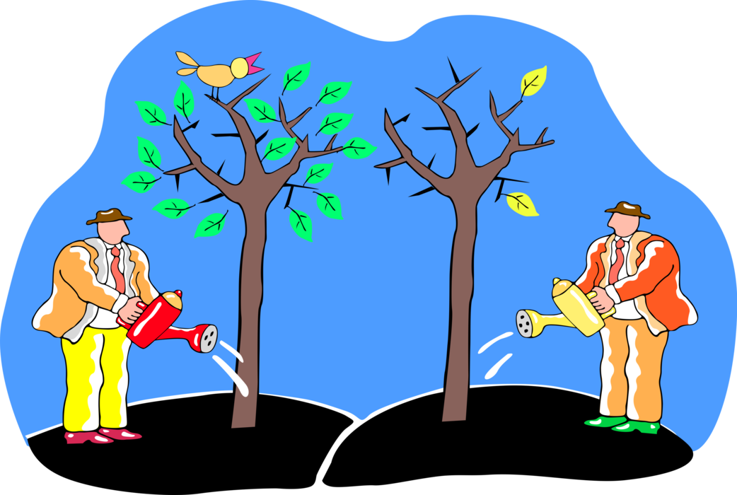 Vector Illustration of Businessmen Watering Trees, One Grows, the Other Withers and Dies