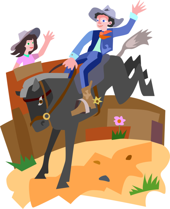 Vector Illustration of Rodeo Cowboy Rides Bucking Bronco Horse as Admirer Waves