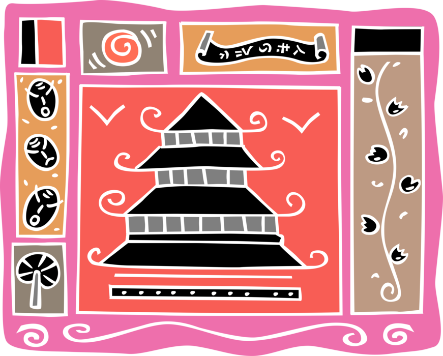 Vector Illustration of Japanese Pagoda Temple or Sacred Structure Temple with Traditional Masks and Blossoms