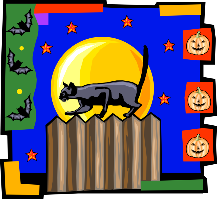 Vector Illustration of Black Cat with Halloween Jack-o'-lantern Carved Pumpkins