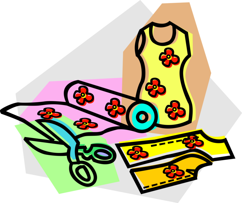 Vector Illustration of Fashion Design and Garment Industry Dressmaker Seamstress Fabric with Dress Form and Scissors