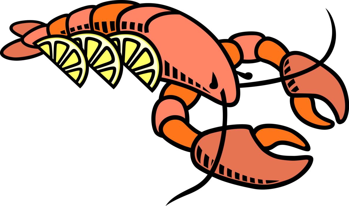 Vector Illustration of Clawed Lobster Shellfish Marine Crustacean with Citrus Lemon Wedges