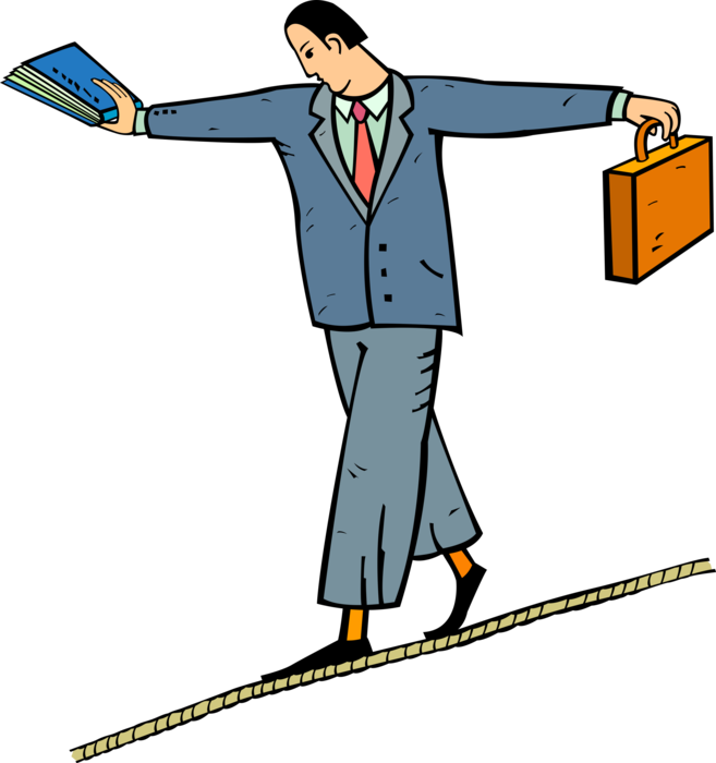Vector Illustration of Businessman Balancing While Walking on Tightrope High-Wire