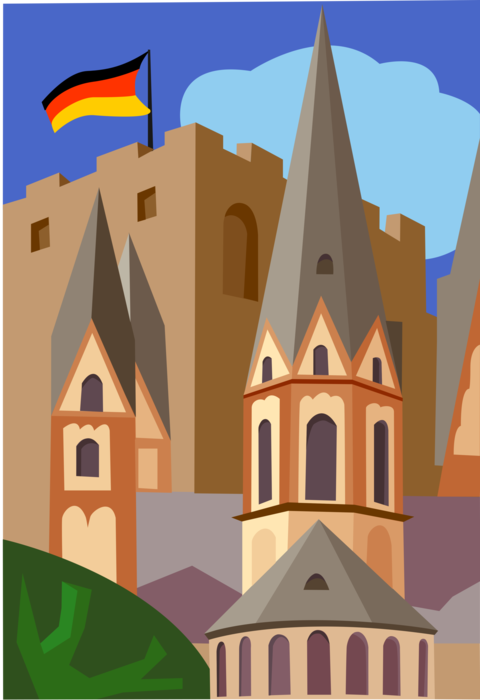 Vector Illustration of European Architecture with Castle and Church Spire
