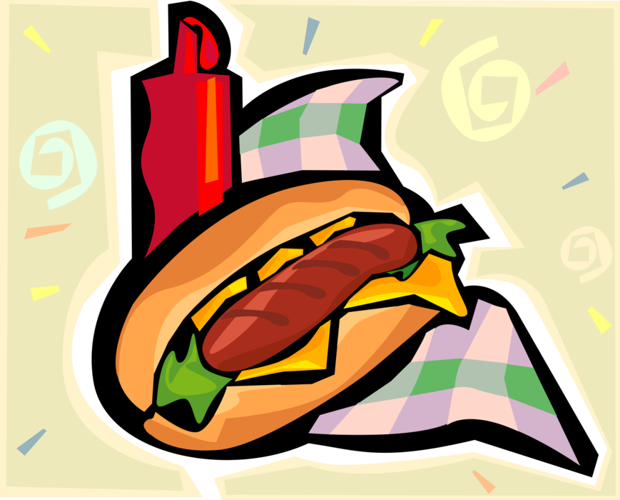 Vector Illustration of Cooked Hot Dog or Hotdog Frankfurter Sausage Street Food on Bun