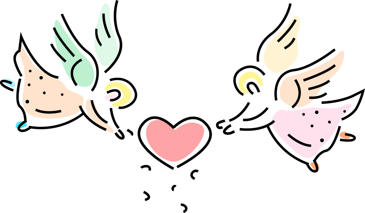 Vector Illustration of Spiritual Angels with Wings and Romantic Love Heart
