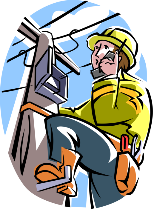 Vector Illustration of Telephone Repair Lineman Powerline Technician Works on Transmission Lines