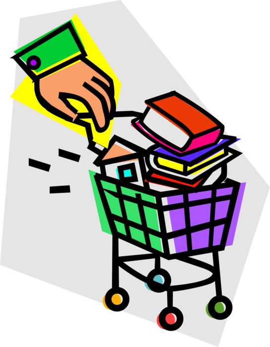 Vector Illustration of Hand with Shopping Cart and Product Merchandise
