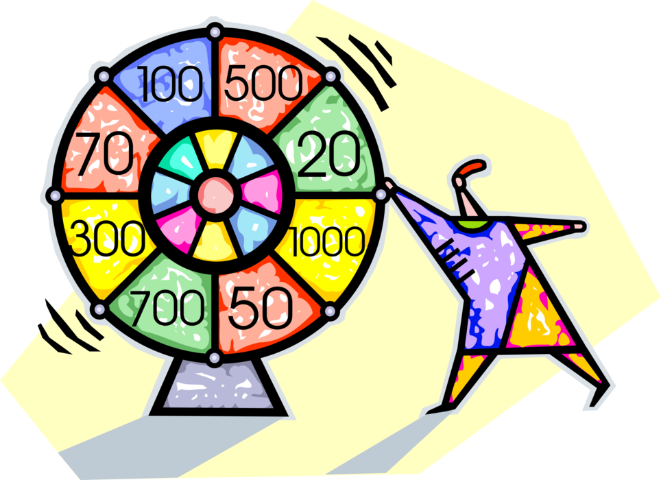 Vector Illustration of Television Game Show Host Spins Wheel of Chance 