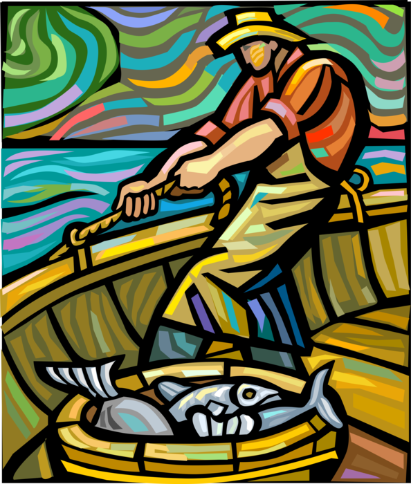 Vector Illustration of Sport Fisherman Angler Hauls in Day's Fish Catch in Net to Boat Vessel 