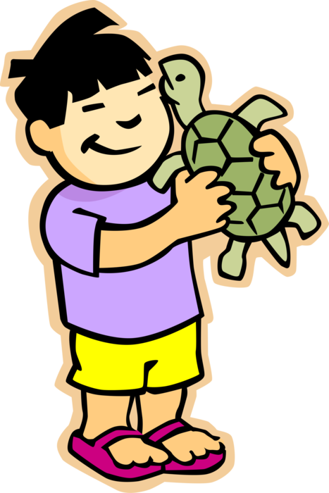 Vector Illustration of Primary or Elementary School Student Asian Boy with Slow-Moving Terrestrial Tortoise or Turtle