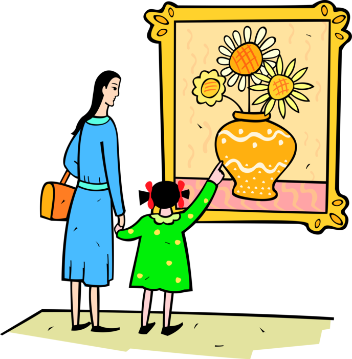 Vector Illustration of Mother and Daughter at Art Museum Admire Painting of Sunflowers