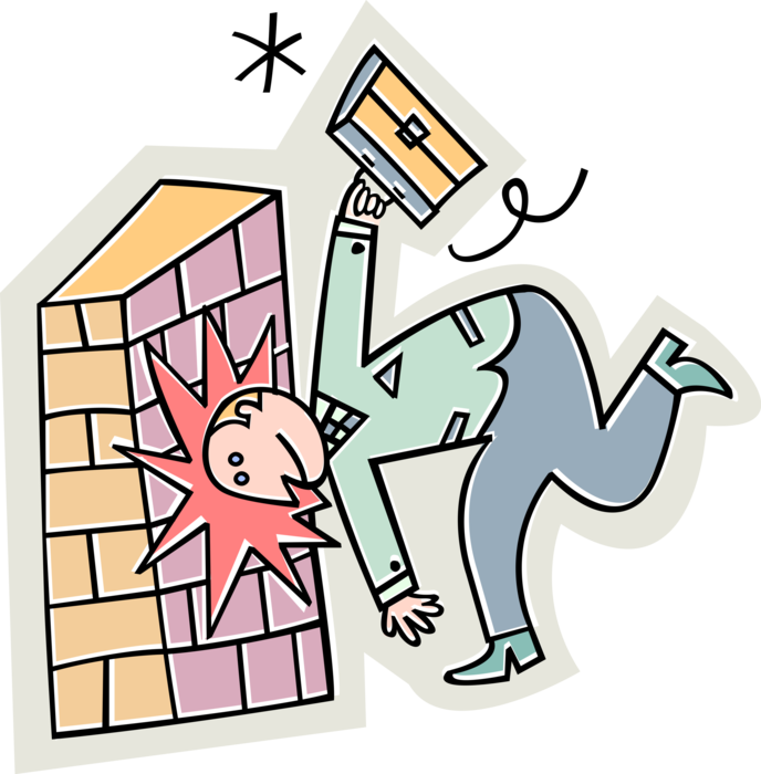 Vector Illustration of Laborer Hitting Head Against Brick Masonry Wall