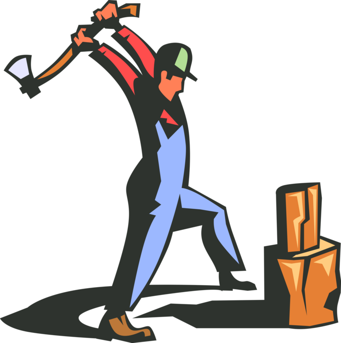 Vector Illustration of Lumberjack with Axe Splitting Firewood Fuel for Fireplace Fire