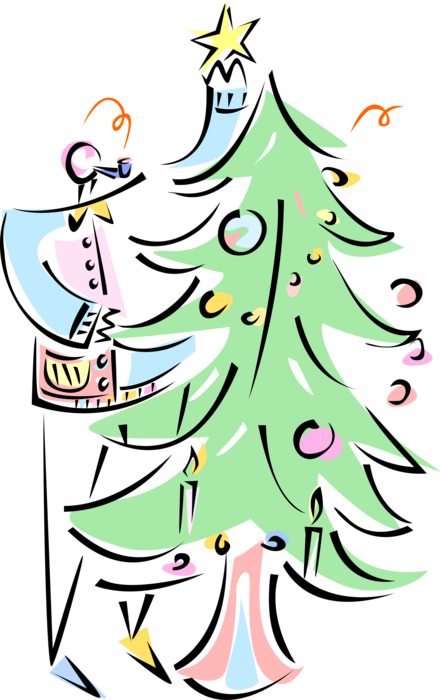 Vector Illustration of Putting Star on Christmas Tree Decoration