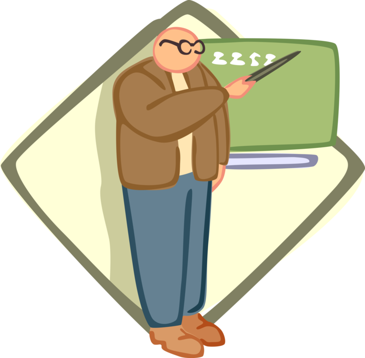Vector Illustration of Classroom Teacher Lecturer with Pointer and Blackboard Chalkboard