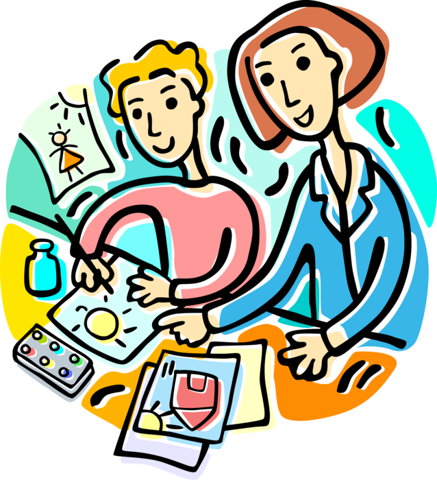 Vector Illustration of Art Instructor Teacher and Student Learning to Draw and Paint Pictures