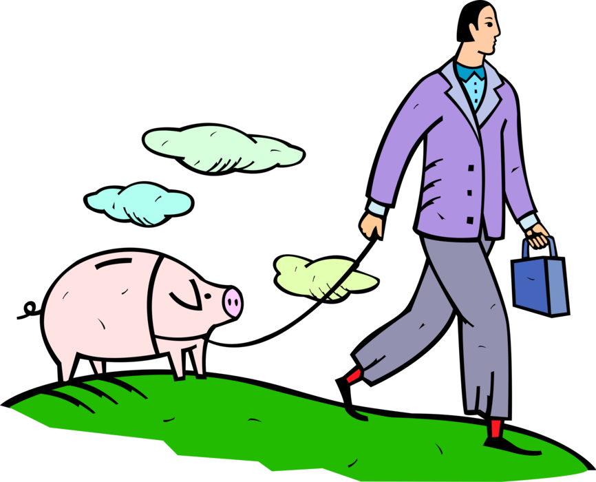 Vector Illustration of Businessman Walking Personal Savings Piggy Bank on Leash