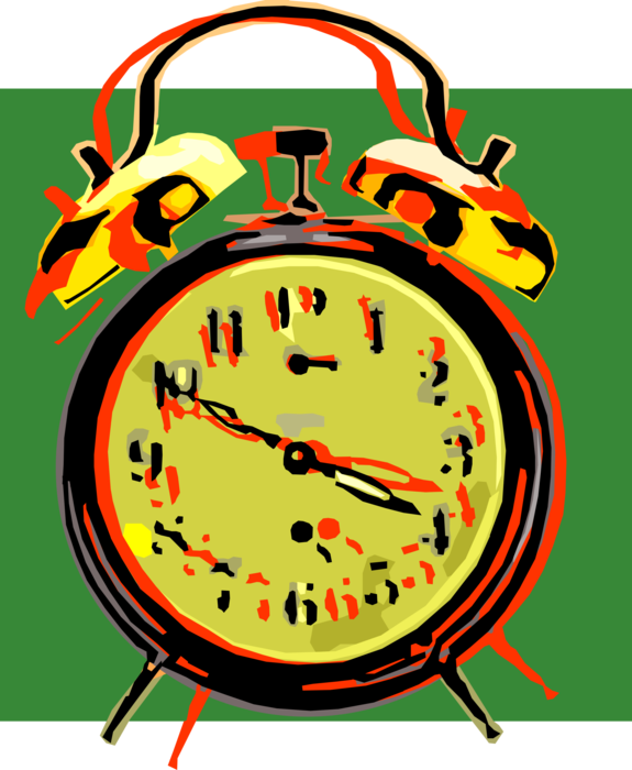 Vector Illustration of Alarm Clock Displays Time and Rings For Wake-Up Call