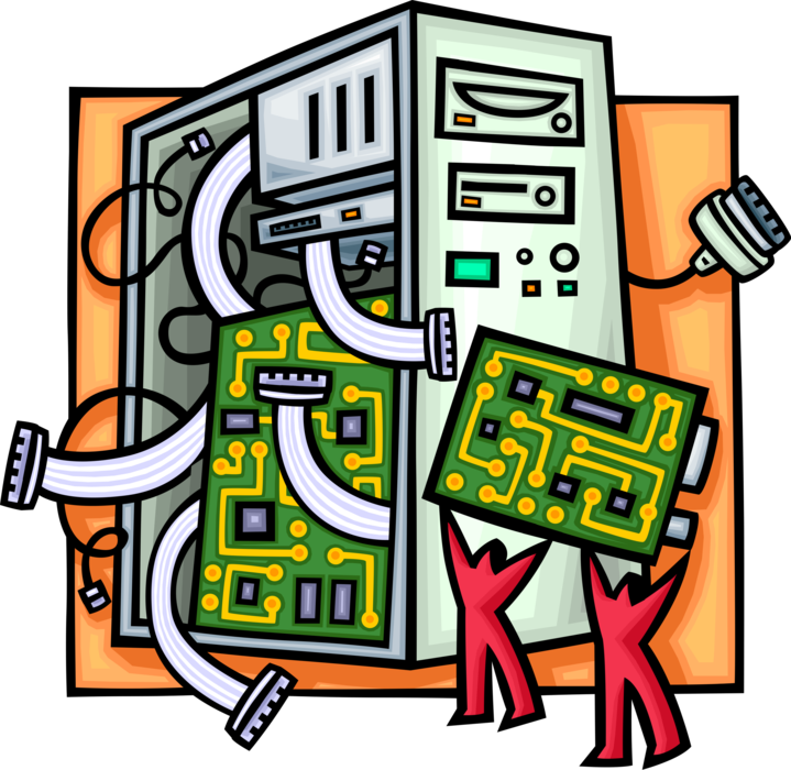 Vector Illustration of Computer Printed Circuit Board Electrically Connects Electronic Componentss with Desktop Office PC Computer
