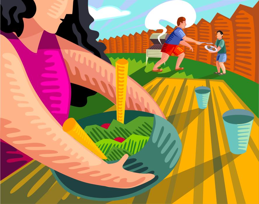 Vector Illustration of Outdoor Summer Family Barbecue Picnic with Dad Grilling and Mom Tosses Salad