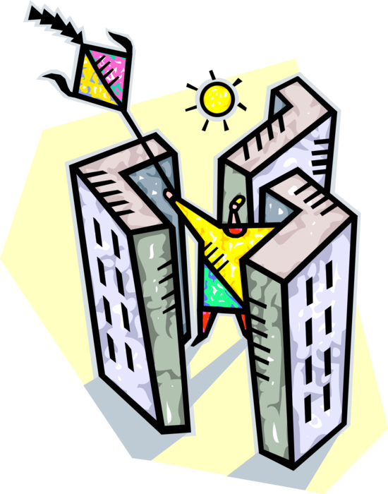 Vector Illustration of Trying to Fly Kite in the City with Tall Buildings