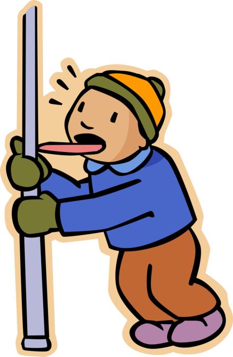Vector Illustration of Primary or Elementary School Student Stupid Boy Licks Frozen Pole with Tongue