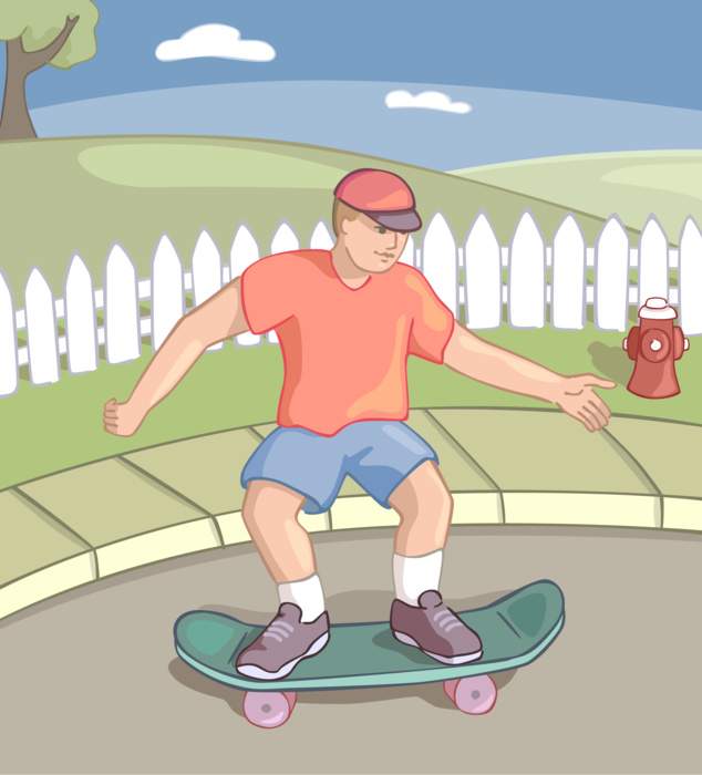Vector Illustration of Skateboarder with Skateboard on City Street Skateboarding