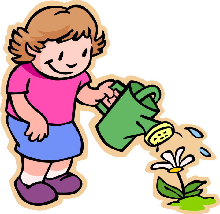 Vector Illustration of Primary or Elementary School Student Girl Watering Flower in Garden with Watering Can